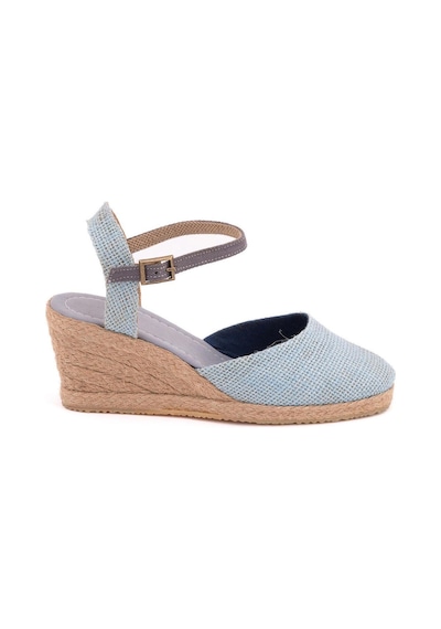 Star Tombis Gerçek Elişi Topuğu Açık Bilekten Bantlı Dolgu Topuk Keten Hasır Espadril Handmade Buz Mavi Açık Mavi