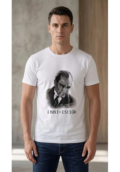 Barlashive Erkek Atatürk Baskılı Tişört Kısa Kollu Bisiklet Yaka T-shirt - Beyaz Çok Renkli