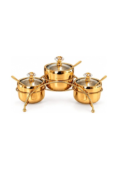 Bymyhand Gold Renk Paslanmaz Çelik Cam Kapaklı Kristal Kulplu 10 Parça Sunum Seti Tuzluk & Karabib