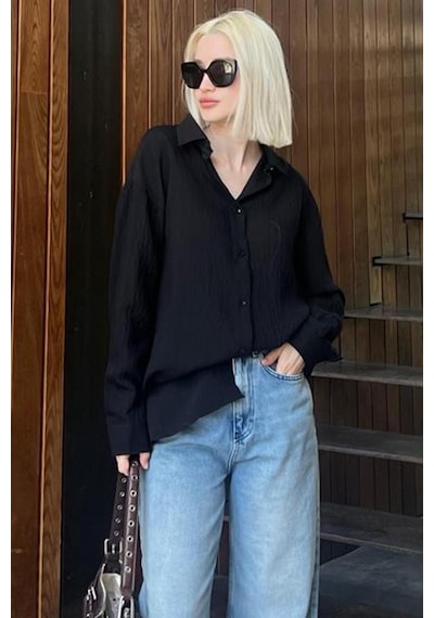 Madmext Siyah Uzun Kollu Çizgili Oversize Gömlek Mg2080-siyah Siyah