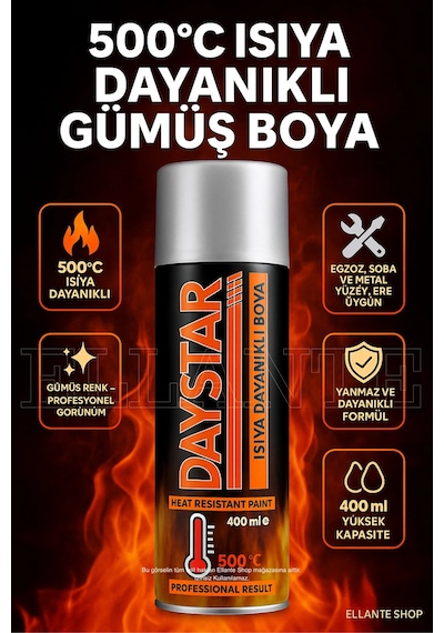 500 C Isıya Dayanıklı Gümüş Sprey Boya Egzoz, Soba Ve Metal Yüzeyler İçin Yanmaz Boya 400 Ml Çok Renkli