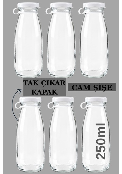 6 Adet Şeffaf Süt, Ayran, Limonata, Meşrubat Cam Şişe 250 Ml Tak Çıkar Plastik Kapaklı Şişe