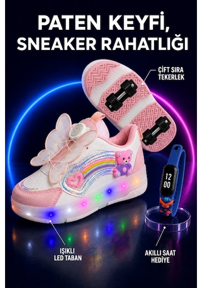 Muggo Colourful Çocuk Işıklı Patenli Tekerlekli Sneaker Spor Ayakkabı Pudra