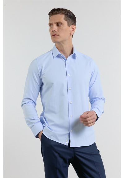 İmza Mavi Kendinden Desenli Sert Yaka Uzun Kol Cepsiz Slim Fit Pamuklu Gömlek 1004255283