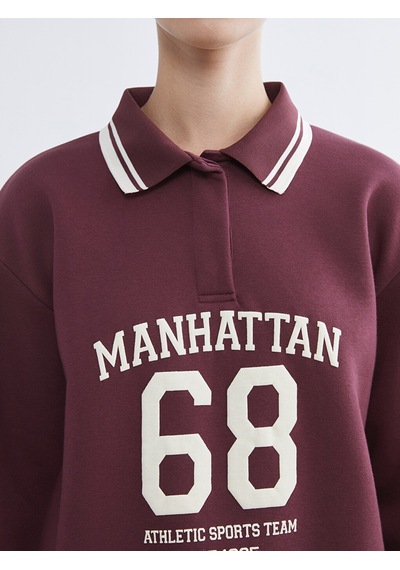 Lcw Modest Mürdüm Polo Yaka Manhattan Baskılı Kadın Kalın Sweatshirt