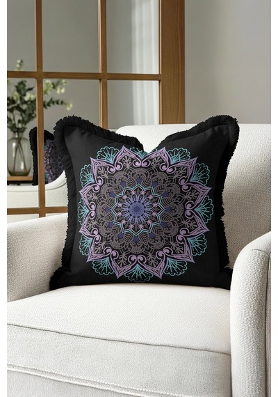 Mandala Motifli Saçaklı Yastık Kılıfı - Bohem Siyah Mor Püsküllü Kırlent Kılıfı Orman Koyu Kahve