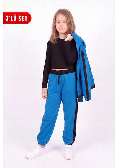 Fyk Kids Kız Çocuk Fitilli Crop Ve Şerit Detaylı Eşofman Takımı Seti Sax Mavisi