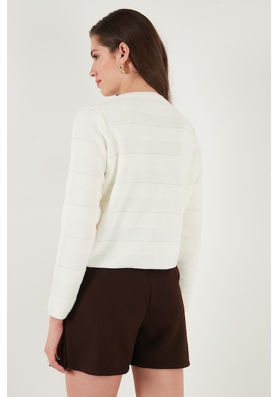 Lela Premium Regular Fit Bisiklet Yaka Düğmeli Dokulu Triko Bayan Hırka 680Hi00337 Ekru