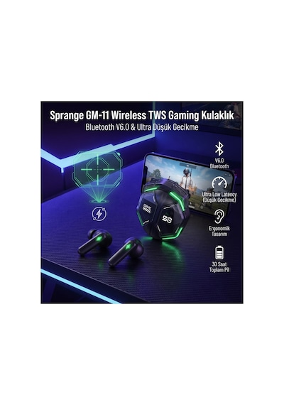 Sprange Gm-11 Bluetooth 6.0 Dijital Ekranlı Pro Oyuncu Tws Kablosuz Kulaklık Siyah