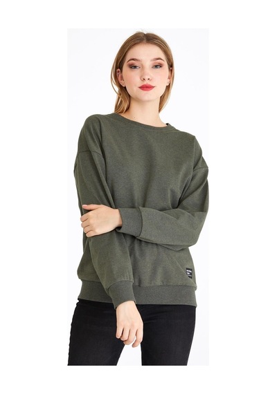 MMetalic Kadın Haki Renk Basic Bisiklet Yaka Sweatshirt
