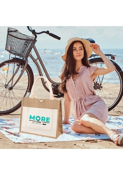 Moresun Organik Jüt Keten Kadın Çanta Orta Boy Tote El Ve Omuz Çantası -tablet & Telefon Cepli, Günlük Plaj Alışveriş Çantası 35x30x14 Cm Bej - Beyaz