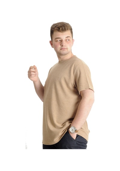 Mode Xl Büyük Beden Erkek T-Shirt Bisiklet Yaka Waffle 20033 Bej 001