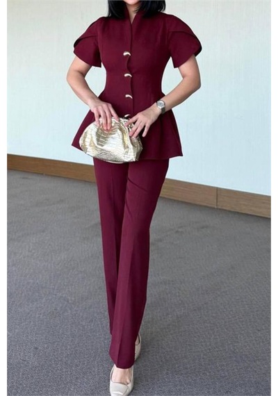 Neşeli Butik Kadın Bordo Gold Düğme Detaylı Peplum Kesim Premium Takım Nbstr4423