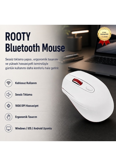 Rooty Sessiz Kablosuz Optik Mouse Çok Fonksiyonlu- Beyaz Kırmızı-1018