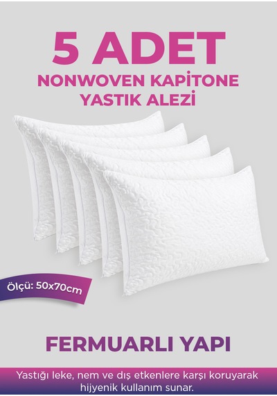 5 Adet Kapitone Yastık Alezi - Fermuarlı - 50x70cm - Nonwoven Beyaz