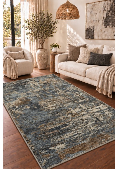 Vivanni Home Everlynn Polyester Vintage Halı Pamuk Atkı Tabanlı Modern Dokuma Ev Halısı Mavi