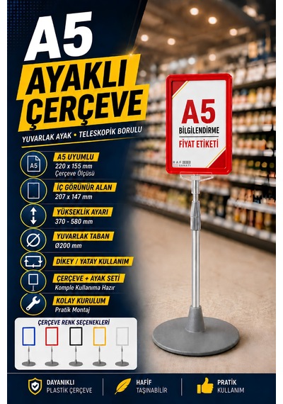 A5 Ayaklı Menü Ve Fiyat Bilgi Standı Yuvarlak Tabanlı Teleskopik Çerçeve Etiketlik Kırmızı
