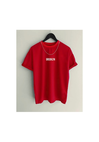 Medinenur Brooklyn Baskılı Unisex Bisiklet Yaka T-shirt Kırmızı