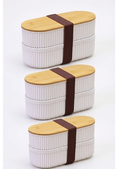 Makri Home 3 Adet 2'li Bambu Kapaklı Saklama Ve Beslenme Kutusu 2 Katlı, 20 X 9 X 5,5 Cm Krem