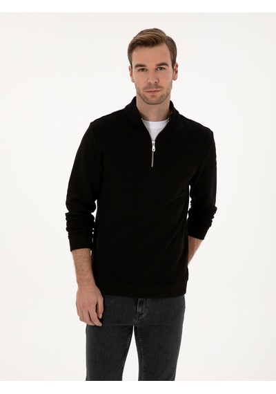 Siyah Regular Fit %100 Pamuk Yarım Fermuarlı Sweatshirt