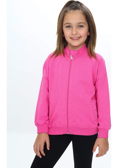 Toontoy Kız Çocuk Dik Yaka Fermuarlı Cepli Reglan Kol Örme Hırka - 2 İplik Fuşya