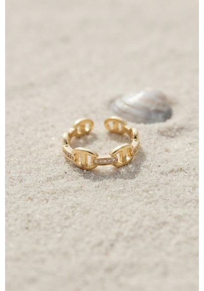 Gold Renk Gemi Zincir Model Zirkon Taşlı Kadın Yüzük Altın