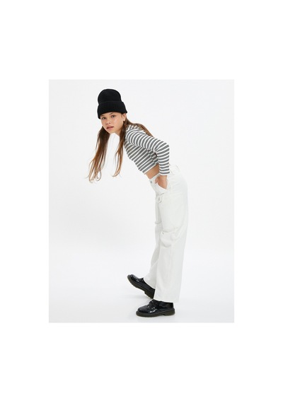 Koton Kız Çocuk Bol Paça Kot Pantolon Önde Cep Detaylı Pamuklu - Crop Wide Leg Jean Ekru