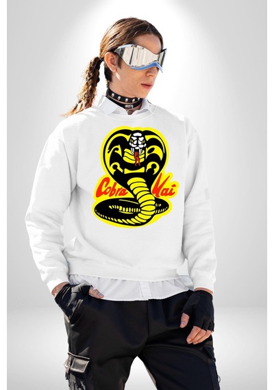 Cobra Kai Karete Çocuk Yılan Logo Dizi Unisex Beyaz Sweatshirt Beyaz