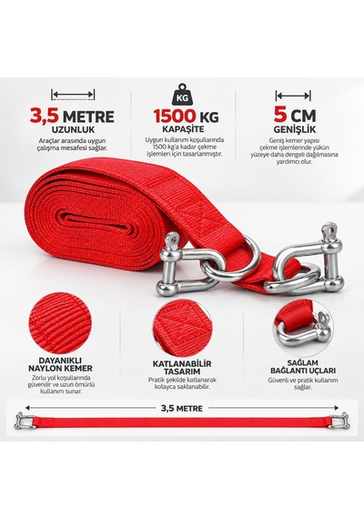 Kemer Çekme Halatı, 3,5 Metre, 1500 Kg Kapasiteli, 5 Cm Genişlik, Naylon Araç Çekme Halatı, Oto Kurtarma Çeki Hal