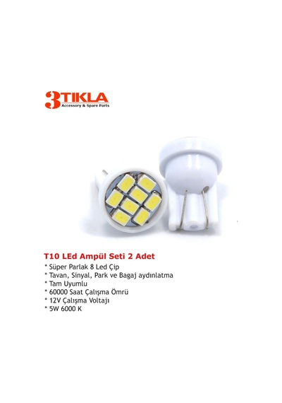 T10 Dipsiz Park, Sinyal, Tavan Ampülü Smd Süper Parlak Beyaz İki Adet