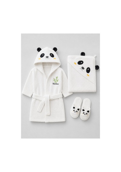 Yeni Doğan Bebek Bornoz Seti 3 Parça Panda Desenli Bambu Figürlü 0-24 Ay 0 - 24 Ay