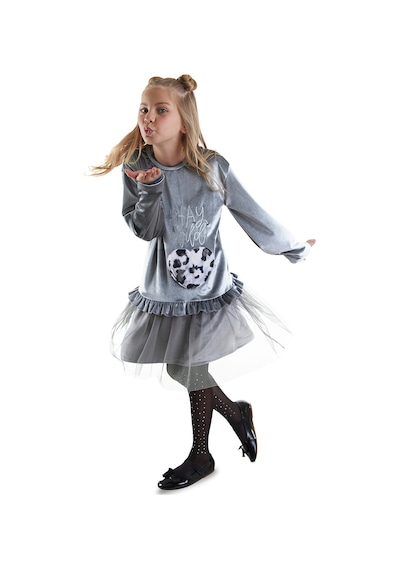 Denokids Leopar Cepli Kız Çocuk Gri Kadife Elbise Renkli