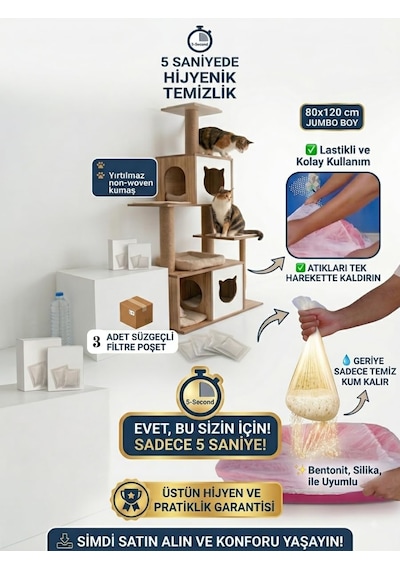 3'lü Elekli Kedi Kumu Filtresi Poşeti 80x120 Cm Jumbo Boy , Lastikli Ve Yırtılmaz Kedi Tuvaleti Temizleme Filesi, Açık Ve Kapalı Kedi Tuvaletleri İle Uyumlu Pratik Elek