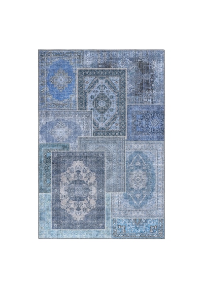Cool Halı Patchwork Mavi Lacivert Vintage Eskitme Bohem Şönil İnce Halı Salon Oturma Odası Halısı