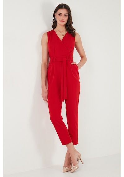 Lela Slim Fit Düz Paça Kruvaze Yaka Kemerli Bayan Tulum 6783626 Kırmızı