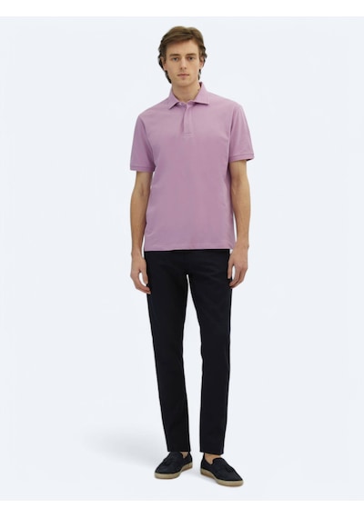 Kip Eflatun Düz Polo Yaka %100 Pamuk T-shirt