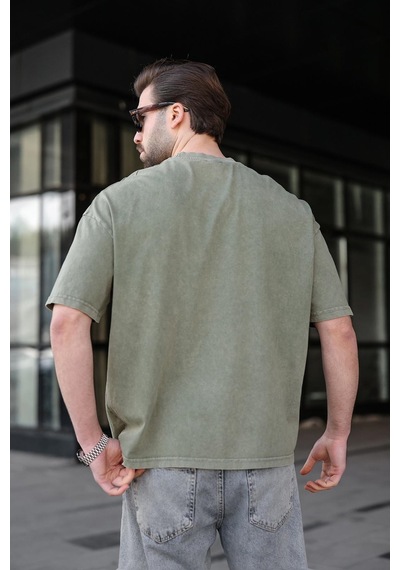 Madmext Haki %100 Pamuklu Oversize Erkek Tişört E7178 Haki