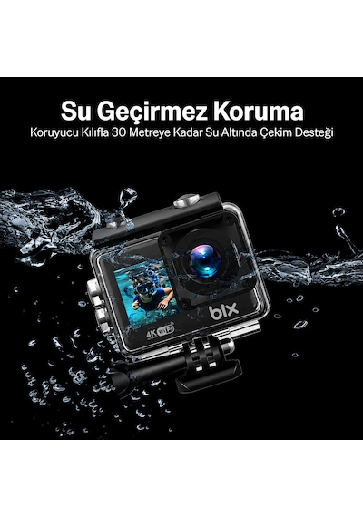 Bix Pulse 1 Wi-fi 4k 30fps Ultra Hd Aksiyon Kamerası Çift Ekranlı 30 Metre Su Geçirmez Kılıflı Vlog Bisiklet Motosiklet Kask Kamerası Siyah