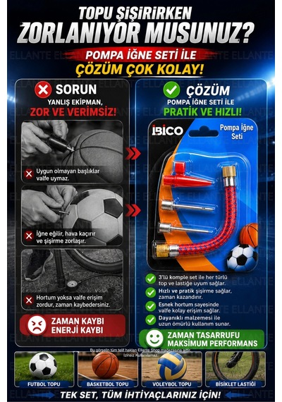 Pompa İğne Seti 3 Parça Top Şişirme İğnesi Adaptör Ve Esnek Hortum Seti