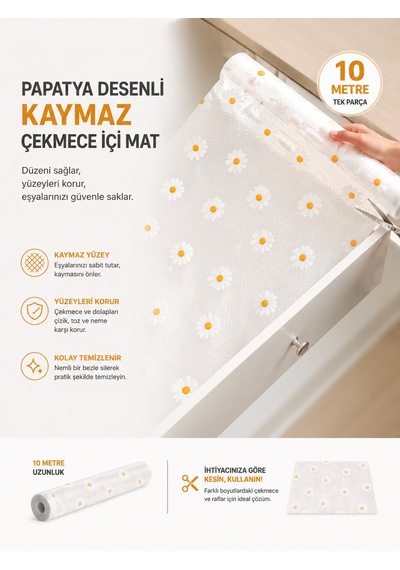 Papatya Desenli Kaymaz Dolap Ve Çekmece İçi Mat 10 Metre Şeffaf