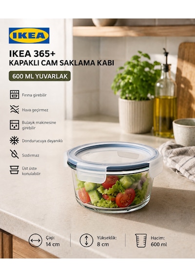 Trev Saklama Kabı Cam 600 Ml Yuvarlak Vakumlu Sızdırmaz Hava Geçirmez Plastik Kapaklı Şeffaf Gıda Saklama Kabı