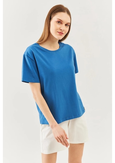 Kadın Rahat %100 Pamuklu Penye Bisiklet Yaka Kısa Kol Basic T-shirt Mavi