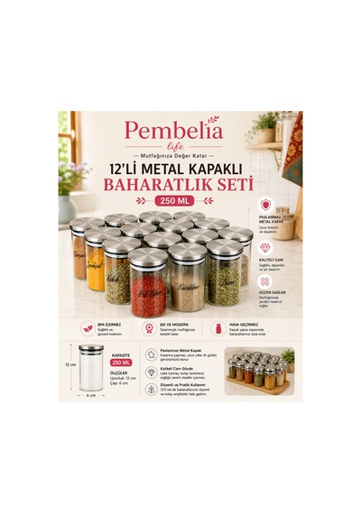12'li Etiketli 250 Ml Metal Vakumlu Kapaklı Borosilikat Cam Baharatlık Saklama Kabı Seti Diğer