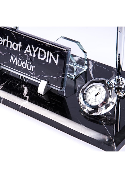 Safir Mermer İsimlik Siyah Desenli Ofis Masa Üstü İsimliği Mermer