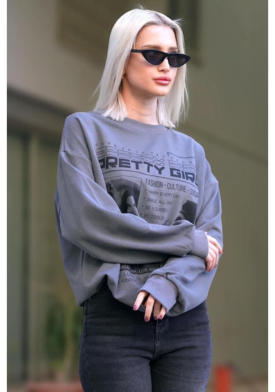 Madmext Füme Baskılı Oversize Kadın Sweatshirt Mg1923 Füme