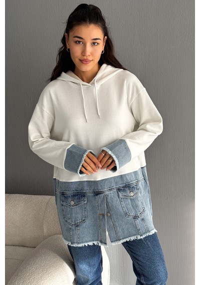 Femelle Kadın Kapüşonlu Kot Denim Detaylı Düğmeli Tasarım Sweatshirt beyaz