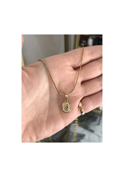 Vintage Taş Detaylı Harf Kolye Çelik S Harfi Altın