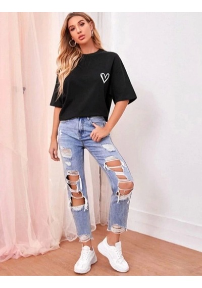 Wear Vexel Kadın Tişört Bisiklet Yaka Baskılı Oversize T-shirt - Siyah Siyah