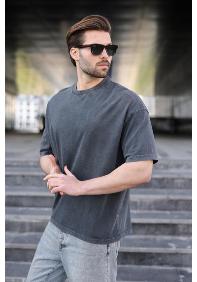 Madmext Siyah %100 Pamuklu Oversize Erkek Tişört E7178 Siyah