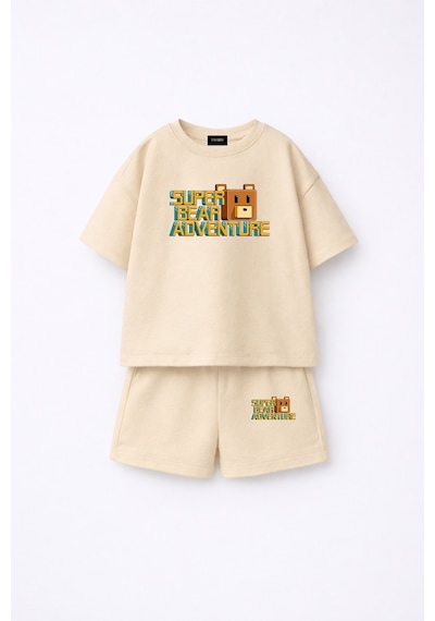 Fasardi Super Bear Adventure Süper Ayı Baskılı Oversize %100 Pamuk Tişört Şort 2li Çocuk Takım Bej
